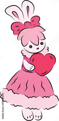Cute bunny in a pink ball gown with a pink bow on her head stands and holds a red heart in her hands, drawing in pink shades, hand drawn with a brush black curved contours