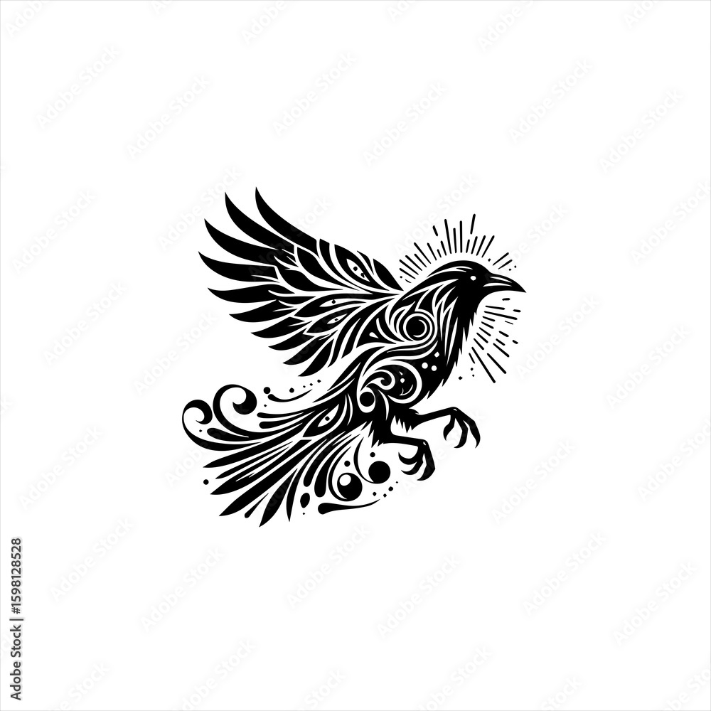 Obraz premium Stylized black bird with ornate tribal wings and tail