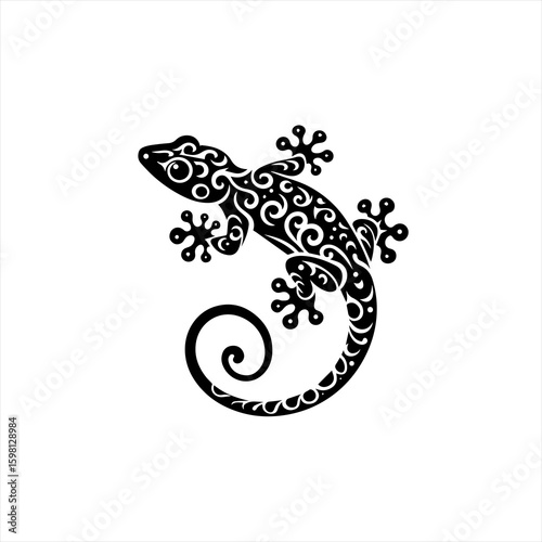 Black gecko with ornate tribal patterns and curled tail