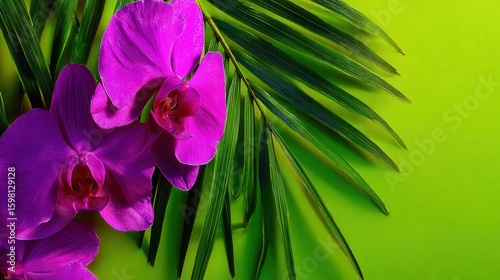 Orchids palm leaves on vibrant green background