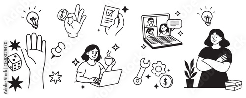 Minimal black and white line art set featuring business tools, teamwork, remote work, creativity, and communication elements

