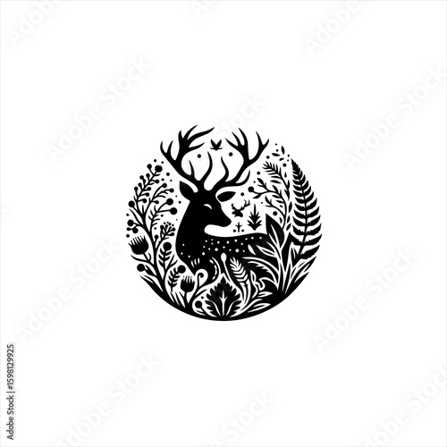 Elegant black silhouette of a deer surrounded by intricate floral and botanical elements in a circular design