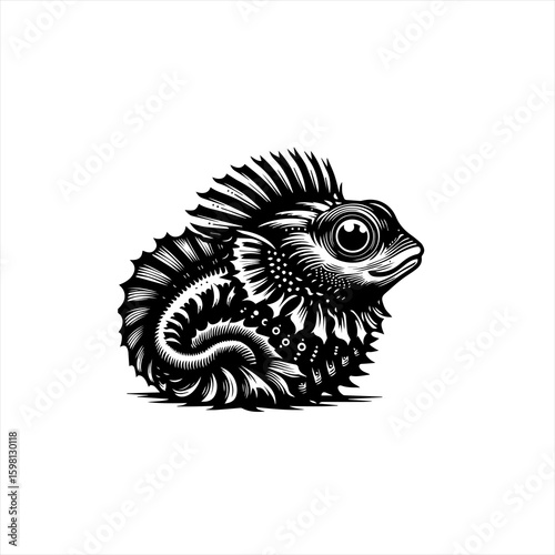 Intricate black and white illustration of a fantastical creature