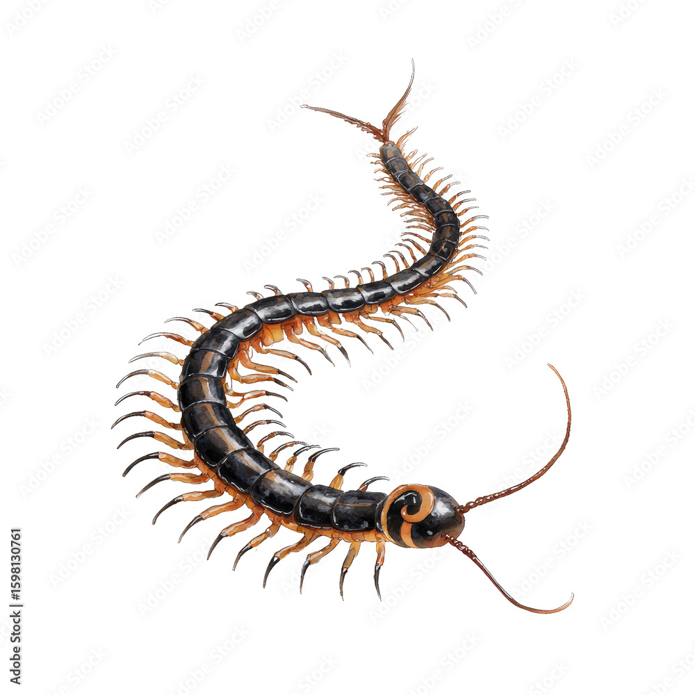 Fototapeta premium Illustrated centipede, curving, segmented body, orange/brown stripes
