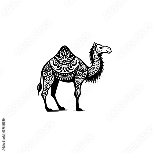 Ornate black and white camel illustration with intricate patterns