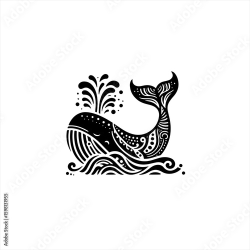 Stylized black whale with ornate patterns spouting water