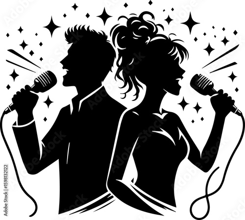 Couple singing duet karaoke with microphones in silhouette style  