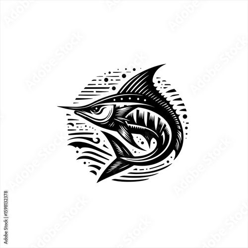 Stylized black and white marlin fish illustration in circle