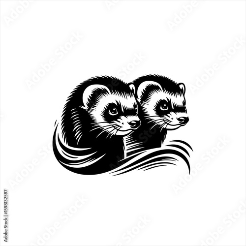 Two ferrets together in a stylized black and white illustration