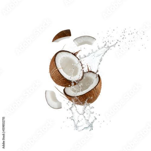 Photo of Fresh Coconuts Exploding with Milky Water on Black Background