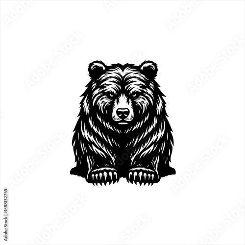 Fierce grizzly bear head illustration in black and white
