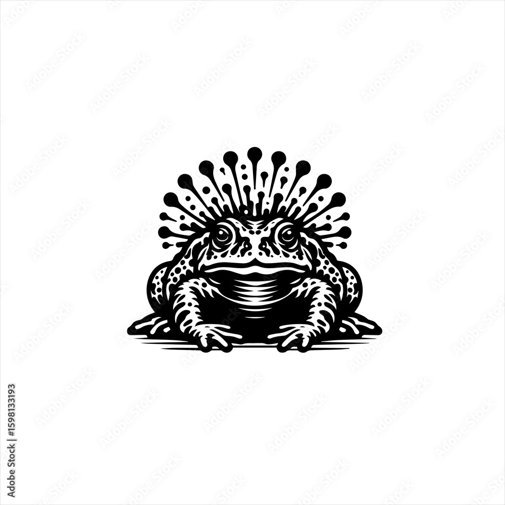 Obraz premium Stylized black and white illustration of a frog with a spiky crown