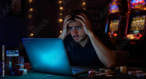 Frustrated Gambler at Computer in Casino Atmosphere