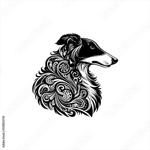 Elegant borzoi dog head with intricate floral ornamental design