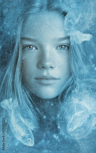 Dreamy soft-eyed female sea goddess with realistic skin and flowing hair, surrounded by ethereal glowing fish, Pisces glyph and constellation in cosmic ocean background with divine aura

