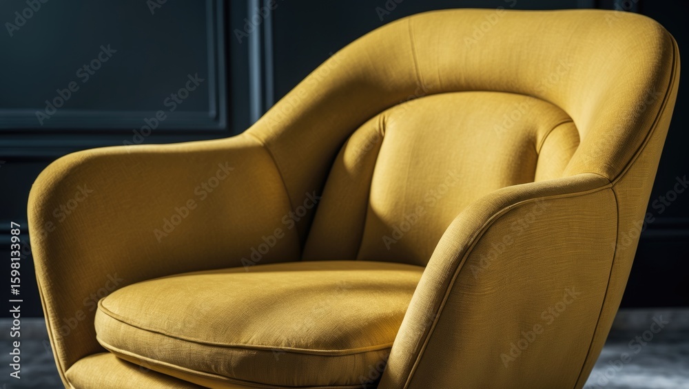 Fototapeta premium Yellow armchair with a modern design and cozy appearance. Comfortable seating furniture for living room decor. Stylish and inviting furniture piece.