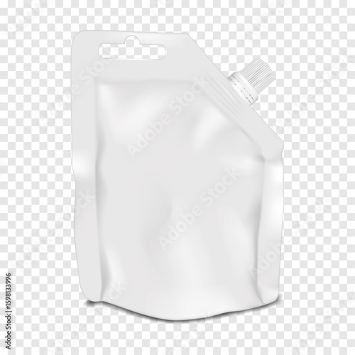 White blank spouted stand-up pouch with die cut handle. Realistic 3d vector mockup. Hanging nozzle plastic bag with screw cap. Mock-up. Liquid product big volume packaging. Template for design