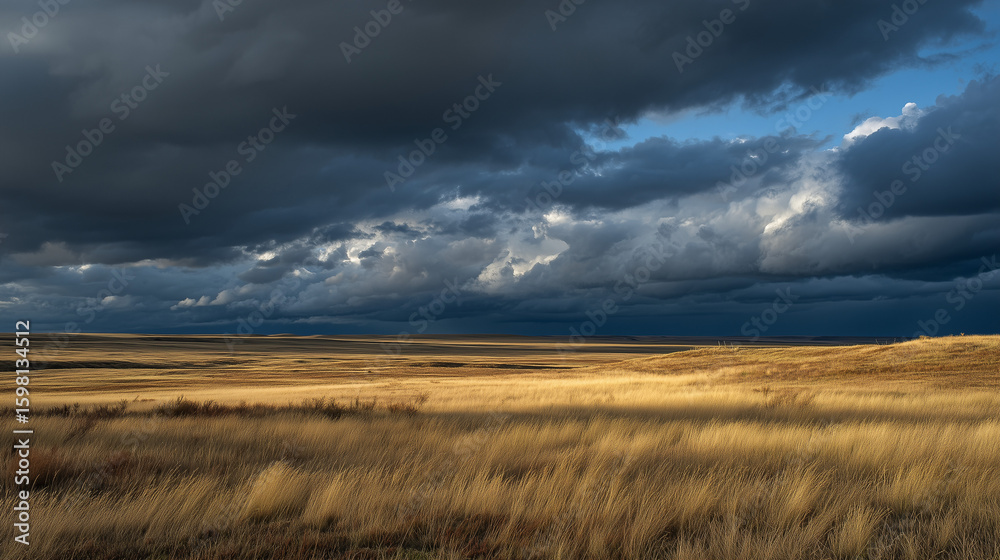 Fototapeta premium Storm clouds loom over prairie as golden light pierces through, nature's dramatic contrast unfolds