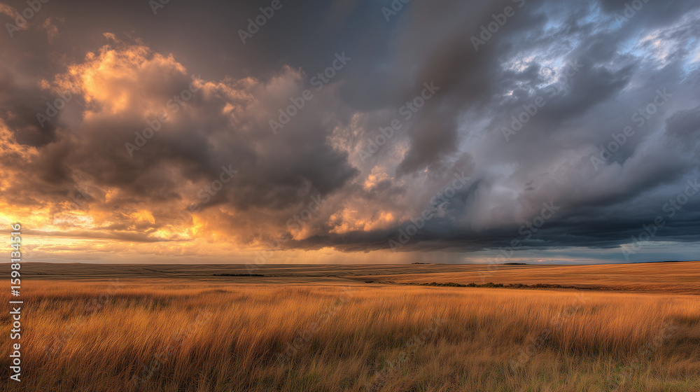Obraz premium Storm clouds loom over prairie as golden light pierces through, nature's dramatic contrast unfolds