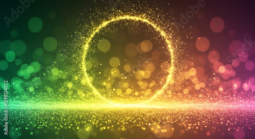 Abstract glowing circle of golden particles with bokeh lights, transitioning from green to pink, creating a magical and ethereal atmosphere for celebrations and events