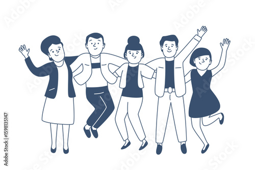 Happy jumping friends. Office team cheering, joyful people hugging and jump together. Isolated linear characters, friendly mood, recent vector scene