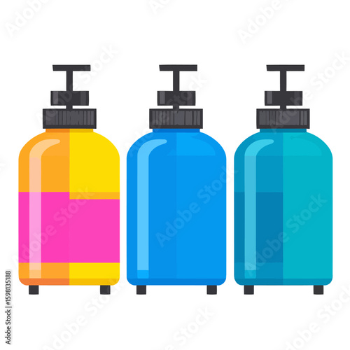 Three colorful bottles with pump dispensers, filled with yellow/pink, blue, and teal liquids, arranged side-by-side on a white background.