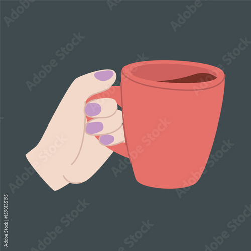a hand with purple nails holding a red cup or mug flat design illustration