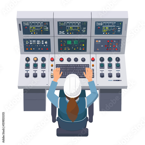 Female engineer operating industrial control panel, monitoring systems, top-down view.