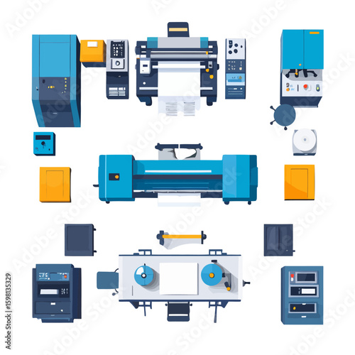 Overhead view of various printing and manufacturing machinery, arranged on white.