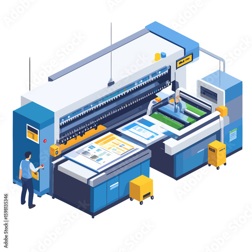 Isometric illustration of a large-scale printing press with workers operating machinery.