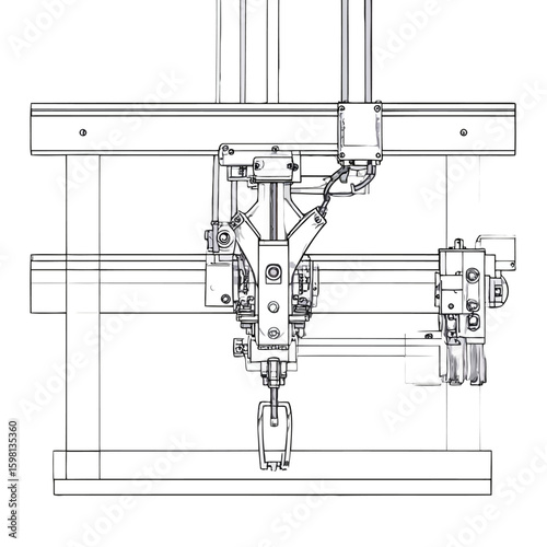 Technical drawing of a robotic arm assembly, showcasing intricate mechanical components.