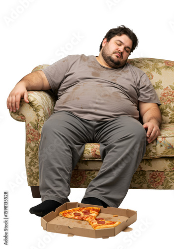 Photo of a Sleepy Man with Pizza, Overweight, Resting on Sofa