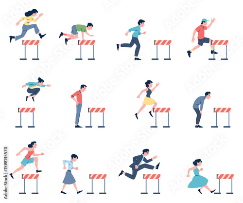 Jump over barriers. People running and jumping hurdles. Business characters, students, employees and hurdle. Office competition, recent vector set
