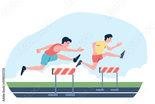 Hurdles competition. Male athletes in uniform fast run and jumping hurdle. Professional runners with barriers sport championship, recent vector scene