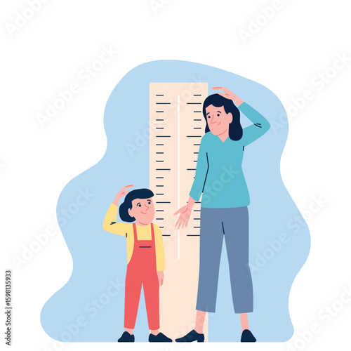 Measuring own height. Little child stand with mother near wall sticker ruler and measure who is taller. Girl growth progress, recent vector scene