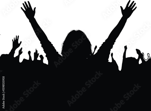 Silhouette of a crowd with raised hands and a person in the foreground with arms up high in the air