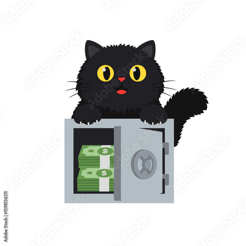 Flat icon of black fluffy cat with round yellow eyes reaching for cash in a safe deposit box