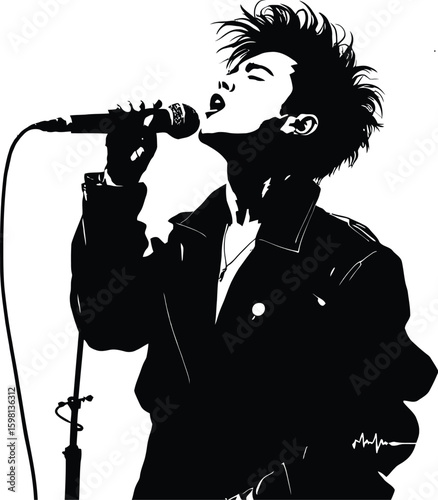Silhouette illustration of a male singer performing with a microphone on a white background