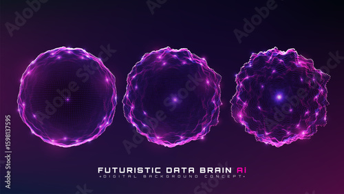 Futuristic data Ai brain background with purple glow particle circle wave decoration. Artificial intelligence machine deep learning and operating systems design concept.