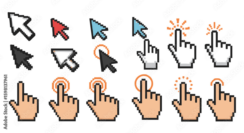 Fototapeta premium Pixel art mouse cursors and hand pointers with clicking animation