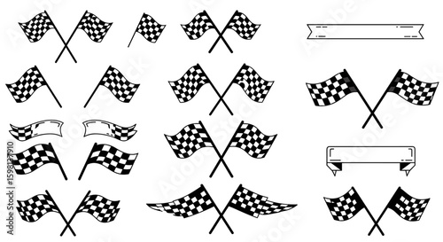 Collection of crossed racing flags and banners in black and white desi