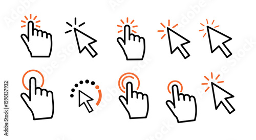 Simple hand and cursor icons in click gesture style for digital interf