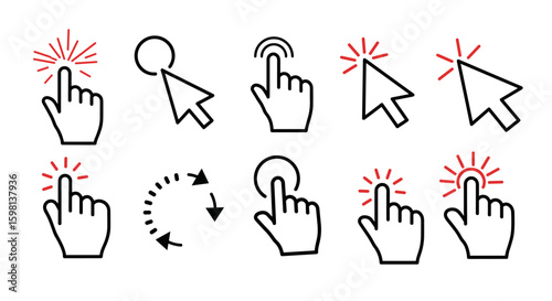 Cursor and hand click icons set with gesture symbols in flat design