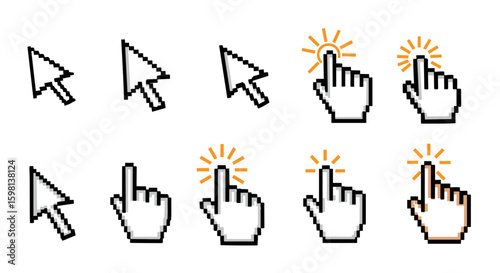 Pixel art cursors: click and point icons collection in retro style