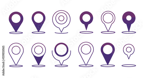 Gradient linear map pin set: navigation location gps icons in purple s