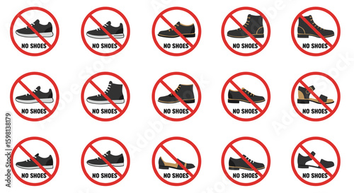 No shoes allowed signs with various shoes inside red prohibition circl