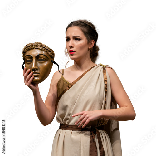 Photo of a Woman in Classical Costume Holding a Mask