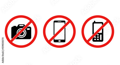 Prohibition signs for cameras smartphones and mobile devices with red