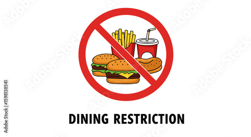 Fast food ban sign with burgers and fries in prohibition circle