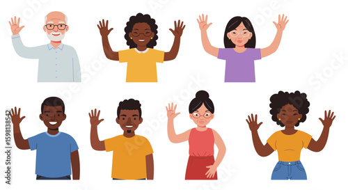 Diverse group of people waving in cartoon style